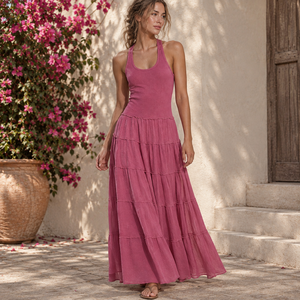 Custom Women's <b>Sleeveless</b> Racerback Tiered Maxi <b>Dress</b> Washed Cotton Flowy Textured <b>Summer</b> Long <b>Dress</b> - Product Image 2
