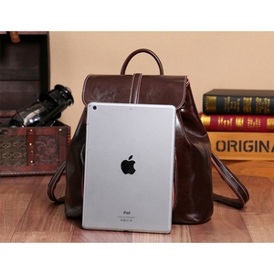 Oil Wax Cowhide Pocket <b>Backpack</b> with Closure Cover Korean Style Leather Large Bag - Product Image 4