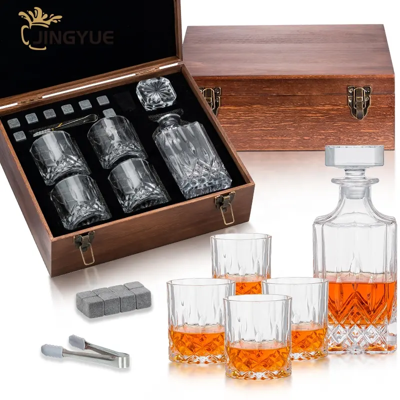 Wholesale Custom Logo Entched Luxury Whisky Decanter and Glasses Premium Whiskey Stone Gift Set in Wooden Box for Party