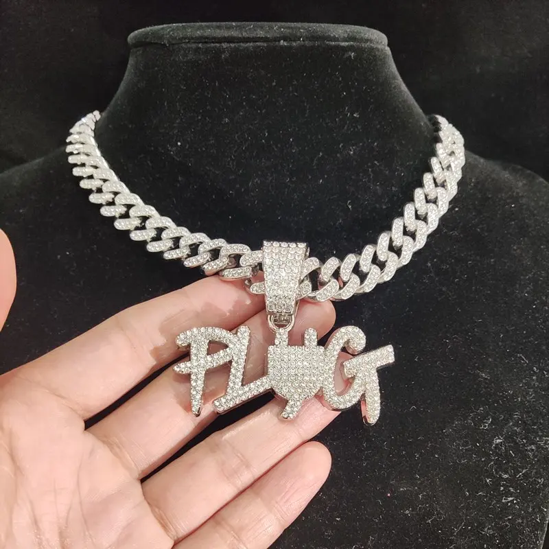 Men Women Hip Hop PLUG Letter Pendant Necklace with 13mm Crystal Cuban Chain Iced Out Bling Necklaces Fashion Jewelry