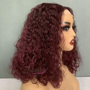 Pelucas de Cabello Brasileño con Corte Bob, Rizado de Lujo, 14 Pulgadas, Cierre de Encaje 4x4 # Pelucas de Cabello SDD Color Rojo Vino 99J - Product Image 1