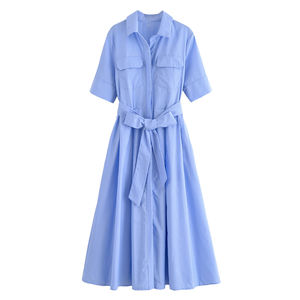 TAOP&ZA 2025 Novidades de Primavera Vestido Midi Feminino com Cinto de Laço Vermelho e Gola Lapela em Popeline Manga Curta 2640360 - Product Image 2