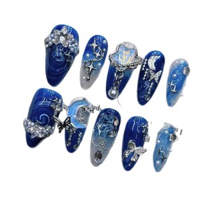 <span class=keywords><strong>Uñas</strong></span> Postizas al por Mayor, Hechas a Mano, Azules, con Pedrería Completa, Forma Almendrada Corta, Acrílicas, con Detalles de <span class=keywords><strong>Cielo</strong></span> Estrellado - Product Image 6