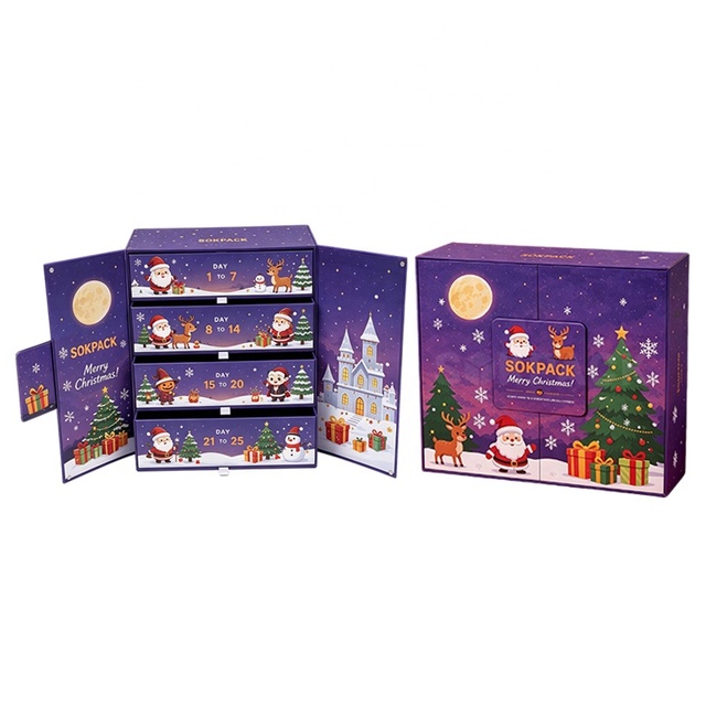 Custom 25 Days Kids Toy Double Door Christmas Advent Calendar Gift Box 4 Layers Sliding Drawers Countdown Recycled Materials