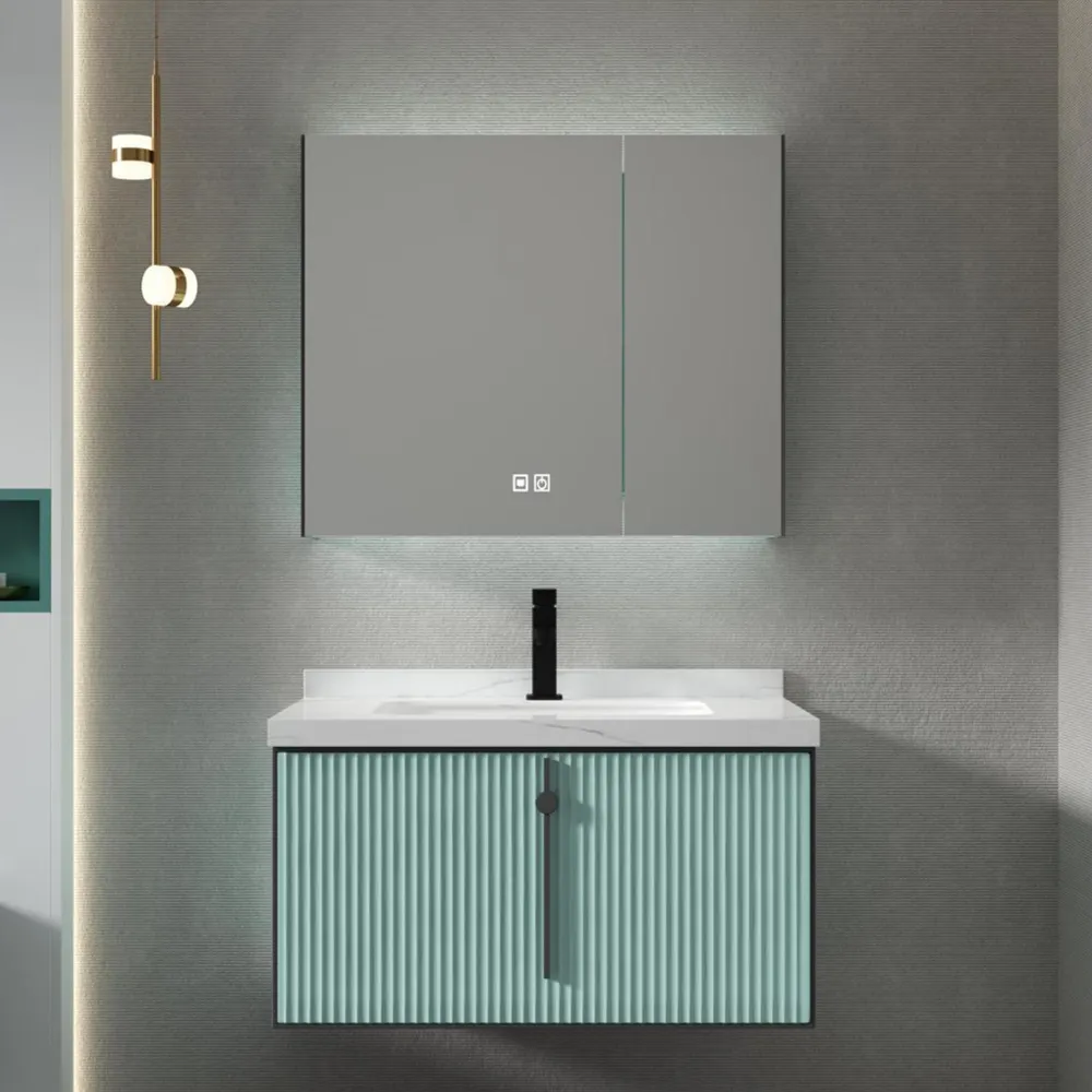 New design european hotel restroom furniture marble top solid wood wall mount LED mirror bathroom vanity unit cabinet set
