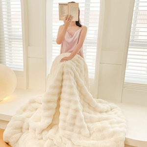 Luxury Four Seasons Woven Flannel Throw <b>Blanket</b> Faux Bunny <b>Fur</b> Bedding Set Home Textile 100% Polyester Modern - Product Image 1