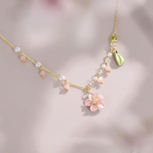 Kalung mutiara untuk wanita bunga aster hijau dicat bunga rumbai jimat bunga merah muda perhiasan pernikahan liontin - Product Image 4