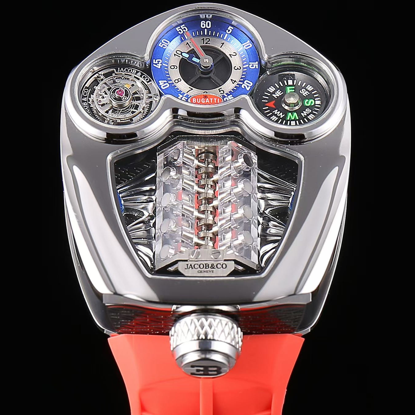 silver case with red strap