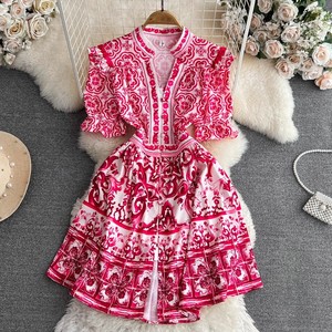 GX8716 <span class=keywords><strong>Robe</strong></span> midi trapèze imprimée pour <span class=keywords><strong>femme</strong></span>, col en V, <span class=keywords><strong>manches</strong></span> <span class=keywords><strong>courtes</strong></span>, boutonnée, sexy, mode <span class=keywords><strong>été</strong></span> - Product Image 1