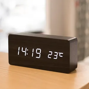 Wood Square Table Clock Alarm Desktop Digital LED USB/ Power Snooze Electronic Voice Control Table Watch Desk Clocks Bedside