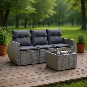 Set Divano da Esterno in Polyrattan Grigio con Cuscini, Arredamento Durevole per Esterni, 3 Posti con Tavolino - Product Image 2