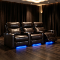 Sofá Reclinable Eléctrico de Cuero Genuino con Luz Ambiental LED, Mesa Auxiliar Extensible, Asientos para Cine en Casa para Sótano