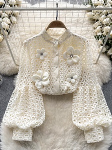 Cửa hàng bán buôn 2024 mùa xuân mới ren pháp bong bóng tay Áo tuổi giảm hoa đa năng dài tay áo sơ mi của phụ nữ - Product Image 4