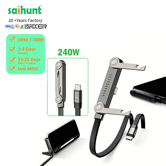 240W 5A Fast Charging Cable & Phone Holder-Braided USB-C to C 2-in-1 Invisible Design Cable  with CE RoHS Certificates