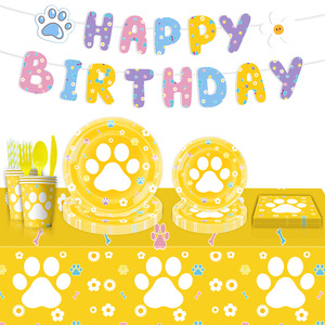 Dog Paw Party Supplies Birthday Decorations Paper Plates Cups Tablecloth Disposable <b>Set</b> For Kids 2-4 Years - Product Image 2
