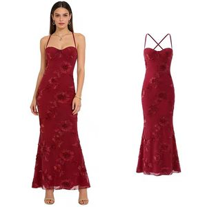 Vestido de Fiesta de Verano para Mujer, Rojo, Vintage, Maxi, Floral, Tejido, Bordado en 3D, Sin Mangas, Corte Ajustado - Product Image 1