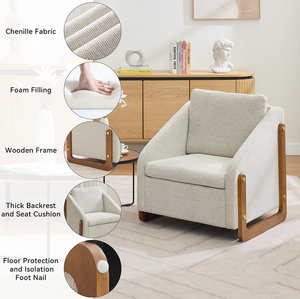 Fauteuil de loisirs moderne en tissu rembourré avec cadre latéral en bois, assise et dossier rembourrés, doux et écologique, pour salon et chambre à coucher - Product Image 4