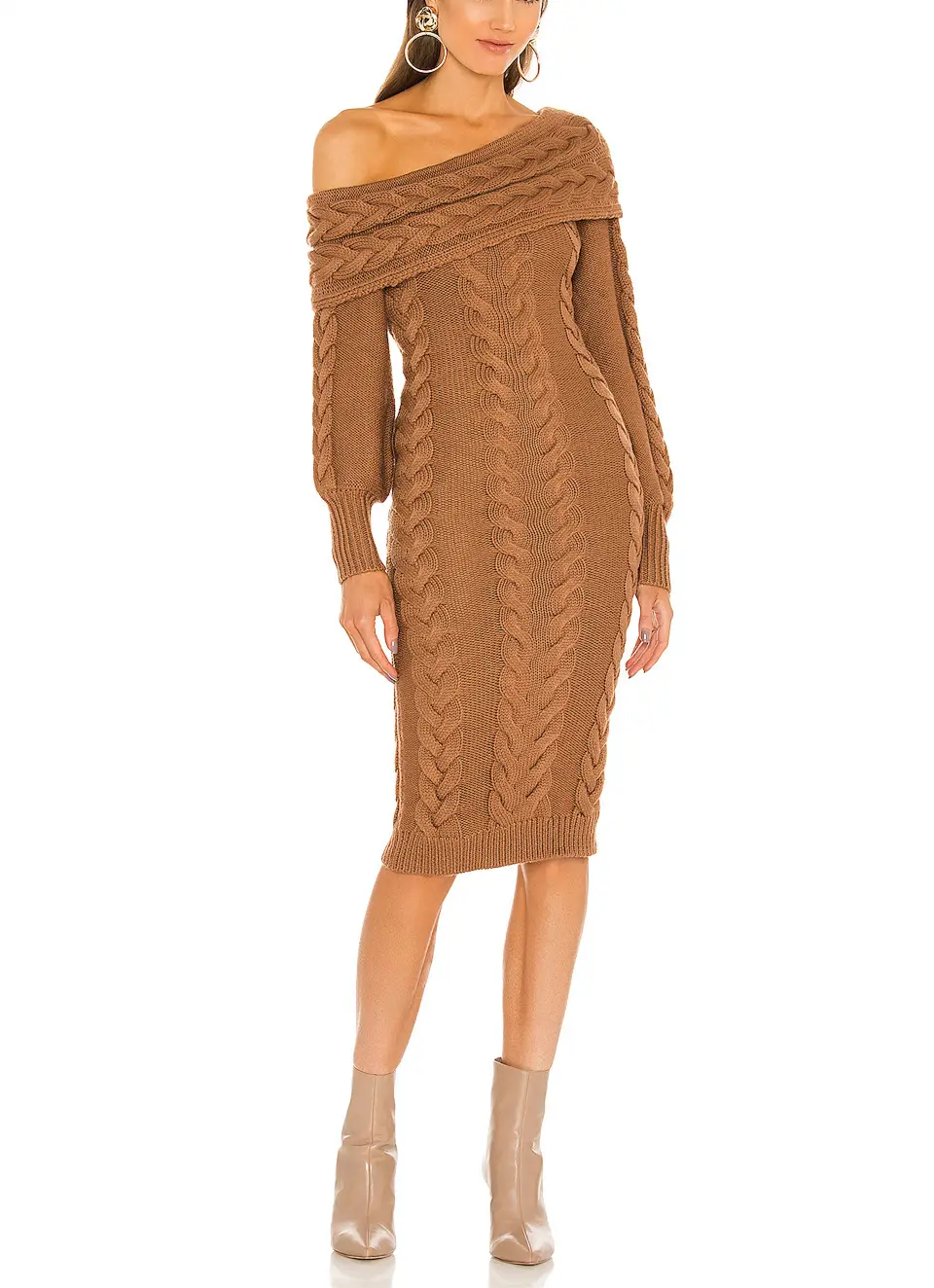Sloping Shoulder Long Sleeve Cable Pullover Knitted Skirt Casual Woman Brown Knit Sweater Dress
