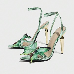 3D Embellished Electroplated Green Color Elegant Quality Casual Women's Stiletto Heel <b>Sandals</b> - Product Image 1