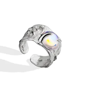 Anillo abierto irregular ancho de Plata de Ley 925, anillo redondo de piedra lunar, anillo de puño de dedo índice, joyería fina de lujo, anillos de plata 925