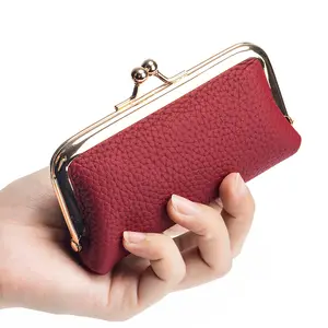 Bolsa feminina com moldura de metal, mini bolsa de mão personalizada vintage, carteira com batom e couro, com bloqueio de beijo