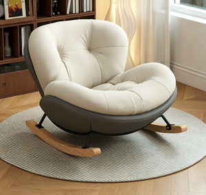Fauteuil à bascule moderne capitonné avec repose-pieds, revêtement en cuir PU crème et bleu, design rond pour salon - Product Image 4