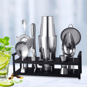 Sáng Tạo Nhà Máy Trực Tiếp 15Pcs <span class=keywords><strong>Barware</strong></span> Kit Bartender Tre Gỗ Đứng Thanh Công Cụ 600/800Ml Cocktail Shaker Set Thép Không Gỉ - Product Image 1