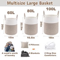 Panier de rangement rond en corde de coton tressée de 80 L avec poignées, 16,5 po de diamètre x 22,5 po de hauteur, organisateur domestique pliable multifonctionnel, vente en gros