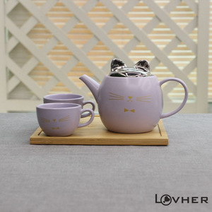Service à thé japonais en céramique de haute qualité, motif <span class=keywords><strong>chat</strong></span> mignon, couleur violette, théière de 450 ml avec plateau, résistant à la chaleur, cadeau idéal pour le thé de l'après-midi - Product Image 1