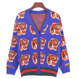 Winter Warm Knitwear Custom Tiger Ladies Knitted Plus Size Thick Jacquard Cardigan Sweaters Logo Women cardigans casual