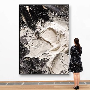 Peinture à l'huile 3D noir et blanc peinte à la main, texture épaisse rectangulaire, art décoratif moderne et minimaliste pour salon - Product Image 1