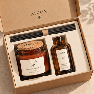 Coffret cadeau bougie et diffuseur à bâtonnets Aikun Soy Coco Wax Amber Glass pour présentation en magasin, marque privée, commande en gros - Product Image 1