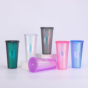 750ml Custom wheat straw bioplastic Printed Fish scale double-layer diamond bottle plastic straw water cup for gym Travel