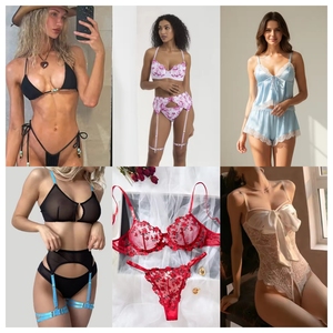 Conjunto de lencería sexy de encaje para mujer, sujetador con aros, tanga, ligueros, estampado floral, body transparente con aberturas, disfraz de lencería - Product Image 2