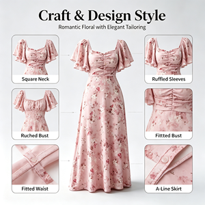 Robe longue maxi à col carré et manches volantées pour femme, taille froncée, coupe trapèze, en mousseline florale, idéale pour invitées de mariage, soirées et fêtes - Product Image 3