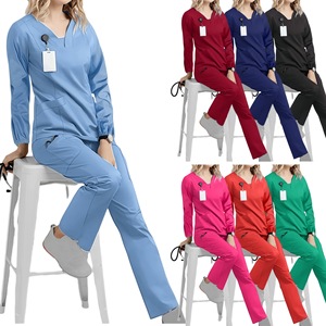 Women Scrub Set Long Sleeve V Neck Elastic Lightweight Moisture Wicking Hospital Uniform Split Set For Medical Dental Work - Product Image 1