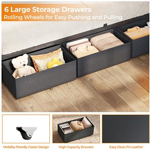 <span class=keywords><strong>Letto</strong></span> matrimoniale postmoderno in <span class=keywords><strong>ferro</strong></span> resistente con <span class=keywords><strong>testiera</strong></span> a 2 livelli e 6 cassetti in tessuto, piattaforma imbottita in ecopelle PU - Product Image 5