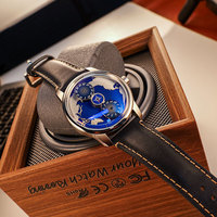 Montre mécanique automatique en cuir véritable personnalisée niche rotative planète bleue montres pour hommes étoiles en mouvement lumineuses