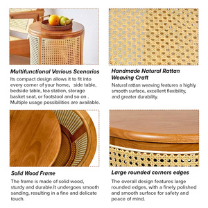 Minimalist Small <strong>Round</strong> Solid Wood Rattan <strong>Side</strong> <strong>Table</strong> Coffee <strong>Table</strong> <strong>with</strong> Internal <strong>Storage</strong> Space Organizer for Living Room Corner - Product Image 5