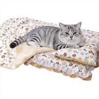 Ganzjahres-Katzen- und Hundebett-Set, Dreiteilig, Baumwollmatratze, Steppdecke, Hundebett, Aprikosenblütenmuster, Abnehmbar