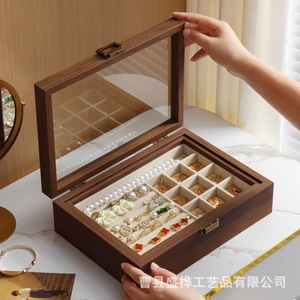 Caja de joyería de madera de doble capa con tapa abatible, compartimento acrílico para almacenamiento de anillos, pendientes, collares, organizador rectangular 18L - Product Image 4