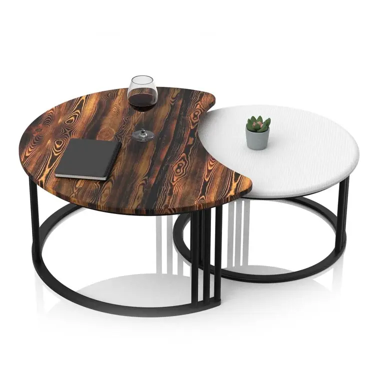 Living Room Furniture 2 Pieces Nesting Wooden Unique Modern Design Luxury Black Marble Round Top Metal Frame Coffee Table Set
