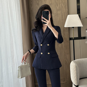 Women's Pinstripe Suit Jacket Three Quarter Sleeve Double Breasted Business Formal Spring Wear Anti-Wrinkle Worsted Fabric - Product Image 1