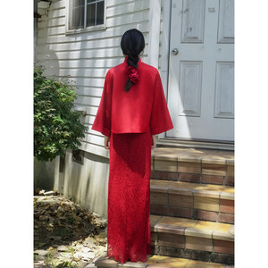 Conjunto <span class=keywords><strong>de</strong></span> Dos Piezas <span class=keywords><strong>Qipao</strong></span> Rojo Nupcial <span class=keywords><strong>de</strong></span> Estilo Chino Nuevo y Elegante con Manga Larga para Boda, Compromiso, Brindis y Vestido <span class=keywords><strong>de</strong></span> <span class=keywords><strong>Novia</strong></span> - Product Image 5