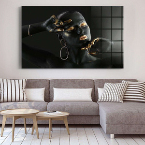 Oro nero africano donna arte della parete decorazione per la casa stampa personalizzata in <span class=keywords><strong>vetro</strong></span> <span class=keywords><strong>temperato</strong></span> dipinti d'arte - Product Image 3