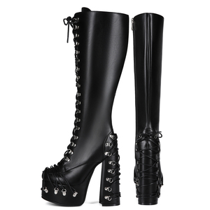 Bottes hautes à lacets en cuir verni pour femme, coupe large, avec boucles métalliques, plateforme épaisse et talons robustes, grandes tailles jusqu'au 47 - Product Image 1