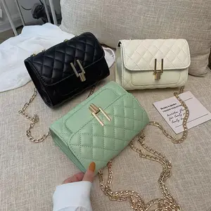 Tas tangan Mini wanita kasual dompet Flap Fashion wanita kulit PU kotak-kotak warna Solid tas bahu Messenger selempang