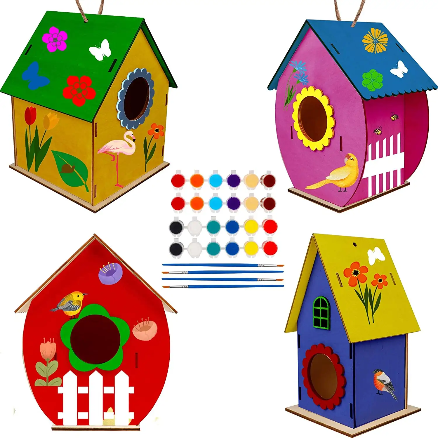 4 Pack DIY Bird House Kit Painting Puzzle DIY Wooden Arts Build and Paint Birdhouse