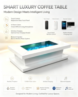 Table basse intelligente de luxe moderne avec foyer électrique, charge sans fil et haut-parleur Bluetooth