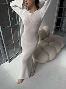 WD16 Gebreide katoenen sexy clubjurk met empiretaille, split, effen maxi-avondjurk, open rug, bohemian zeemeerminsilhouet - Product Image 6